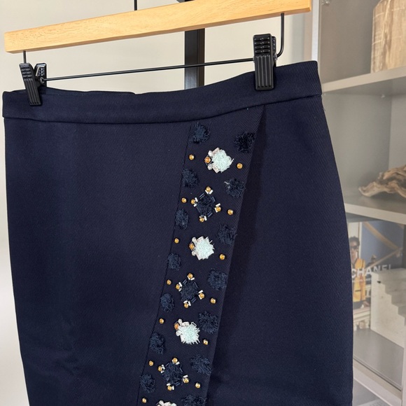 J. Crew Collection Embellished Navy Blue Twill Asymmetrical Pencil Skirt 4 - Picture 3 of 6